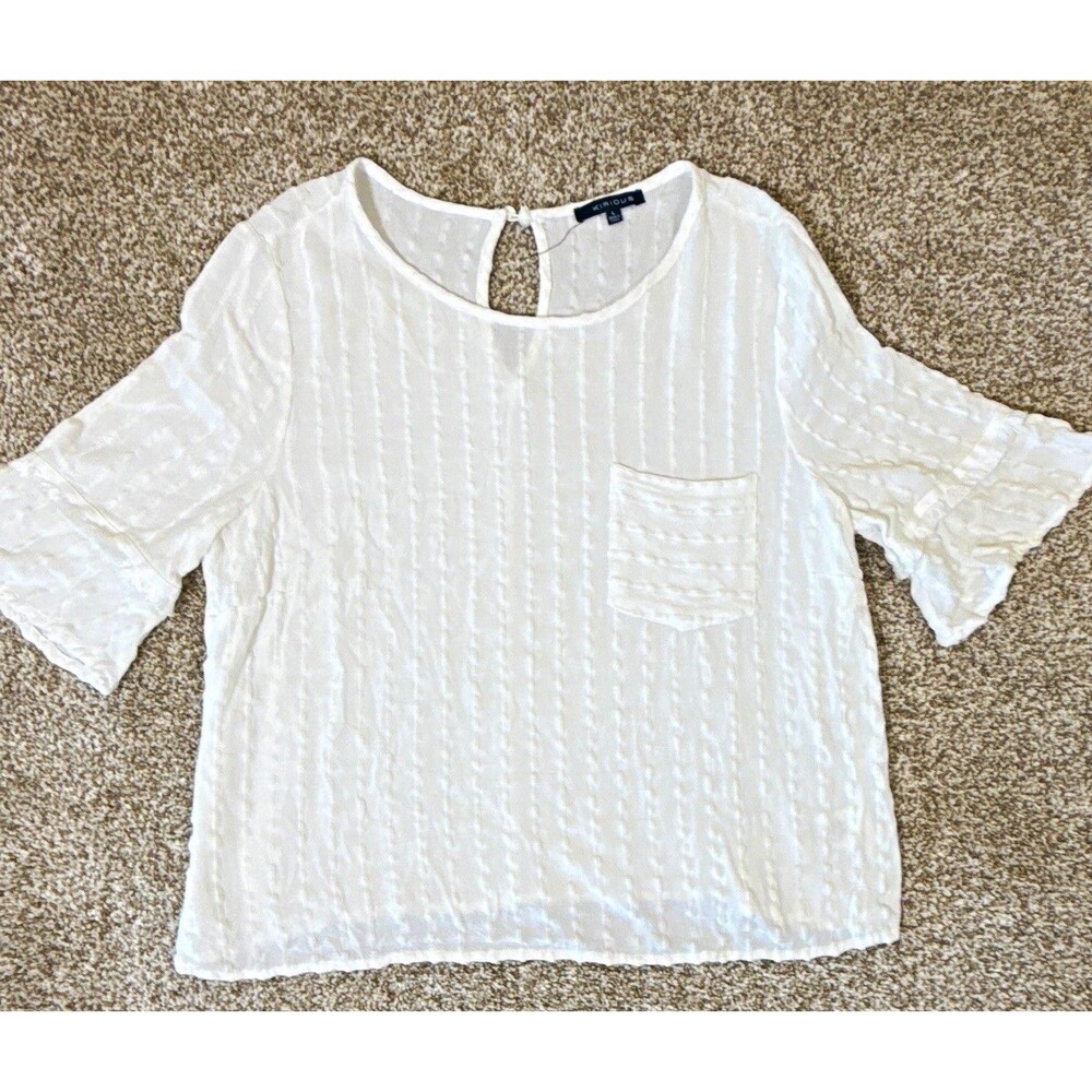 Kirious Women’s L White Solid Linen Rayon Woven Button Ruffle Sleeve Blouse